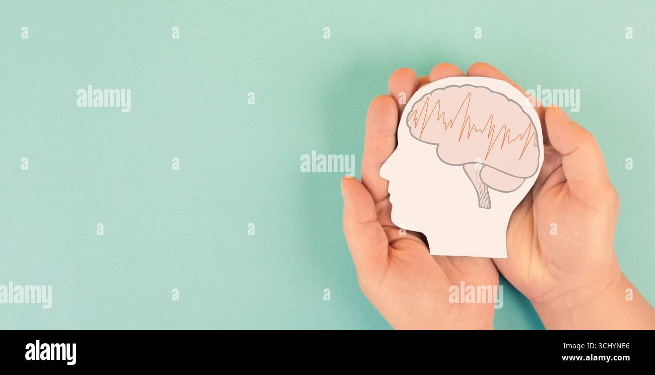 Epilepsie, Migräne, Kopfschmerzen, Krampfanfälle, Geist mit EEG-Welle, Alzheimer oder Tumor im Gehirn, neurologische Erkrankung Stockfoto