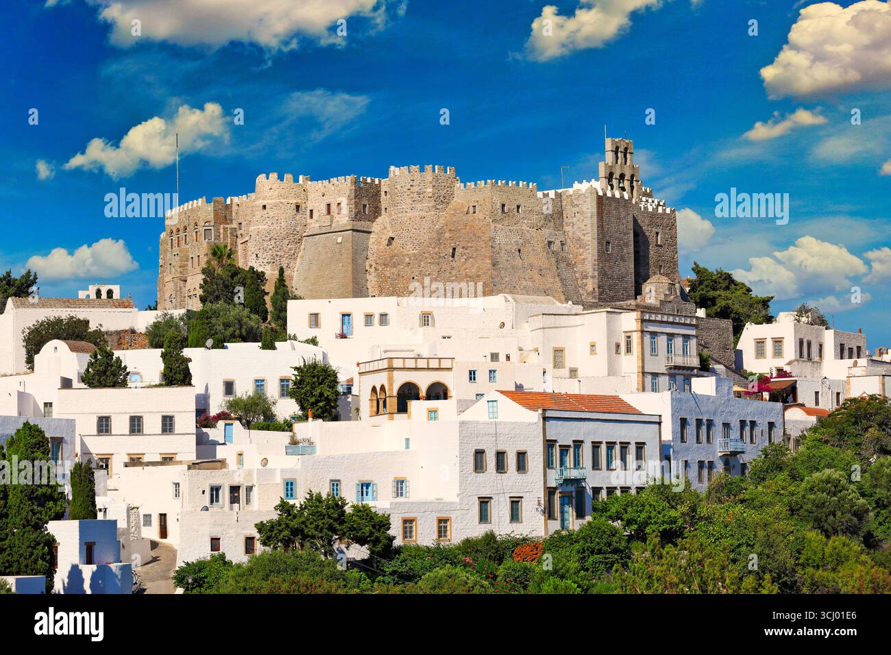 Das Kloster des Heiligen Johannes des Theologen, der das Buch der Offenbarung in Chora der Insel Patmos schrieb Stockfoto