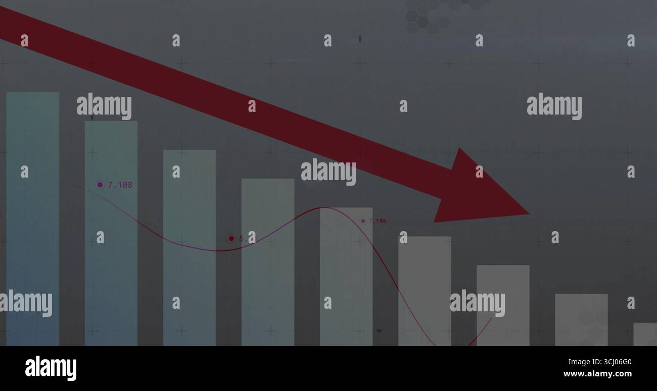 Anzeigen von Balkendiagrammen, Liniendiagrammen, Datenpunkten und Abwärtspfeil auf dem Dashboard mit Rasterlinien-Fadenkreuzen Stockfoto