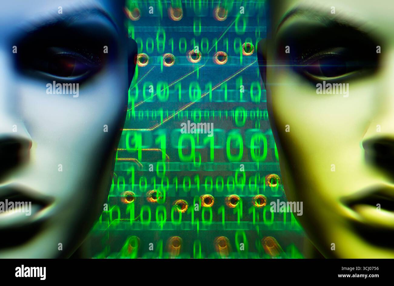 FOTOMONTAGE, Künstliche Frauenfigur mit Binärcode, Symbolfoto künstliche Intelligenz *** FOTOMONTAGE, Künstliche Frauenfigur mit Binärcode, Symbolfoto künstliche Intelligenz Stockfoto