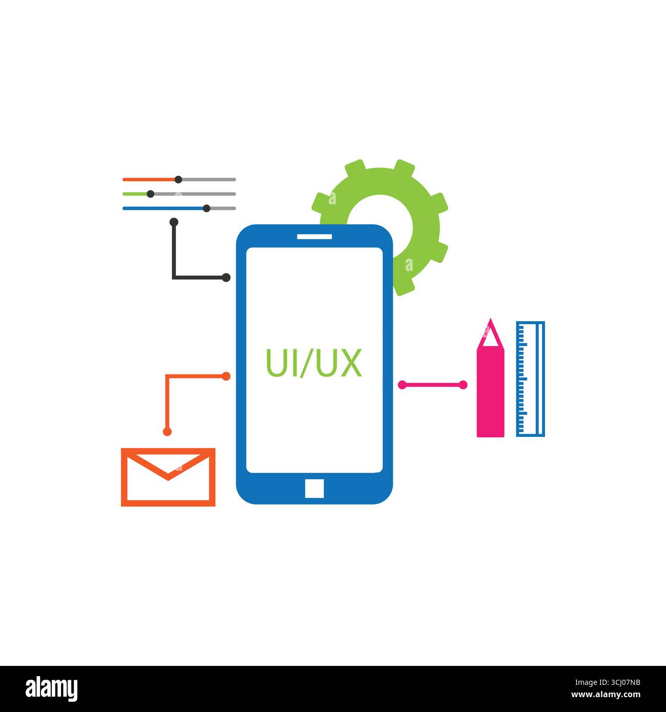 Kreativer flacher Vektor des Smartphone-UI/UX-Designs, umgeben von Tools, Ausrüstung und Elementen für die App-Entwicklung. Ideal für digitales Design, Software-Workfl Stock Vektor