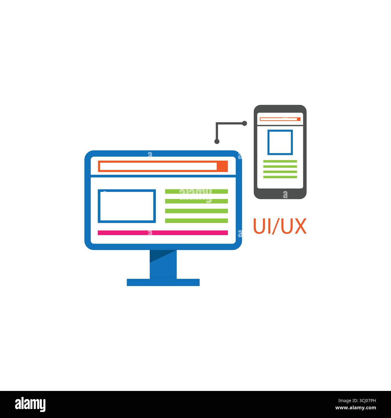 Flache Vektordarstellung des responsiven UI/UX-Designs mit Computer- und Smartphone-Layout. Perfekt für die Webentwicklung, mobile Apps und digitale Desi Stock Vektor