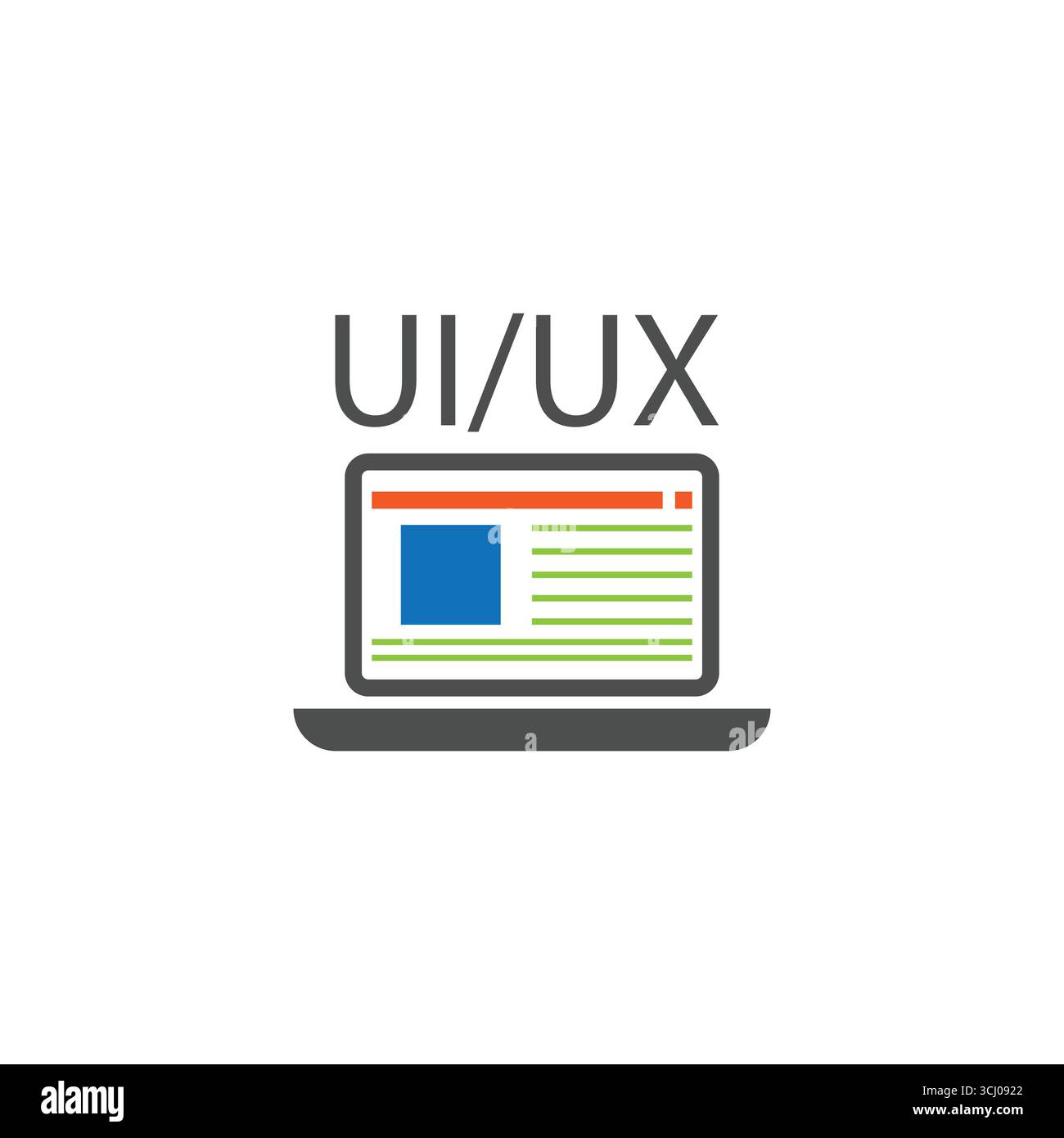 Vektorillustration eines Laptops mit UI/UX-Text und Web-Content-Layout. Geeignet für digitales Marketing, Website-Design und kreatives Schnittstellenkonzept. Stock Vektor