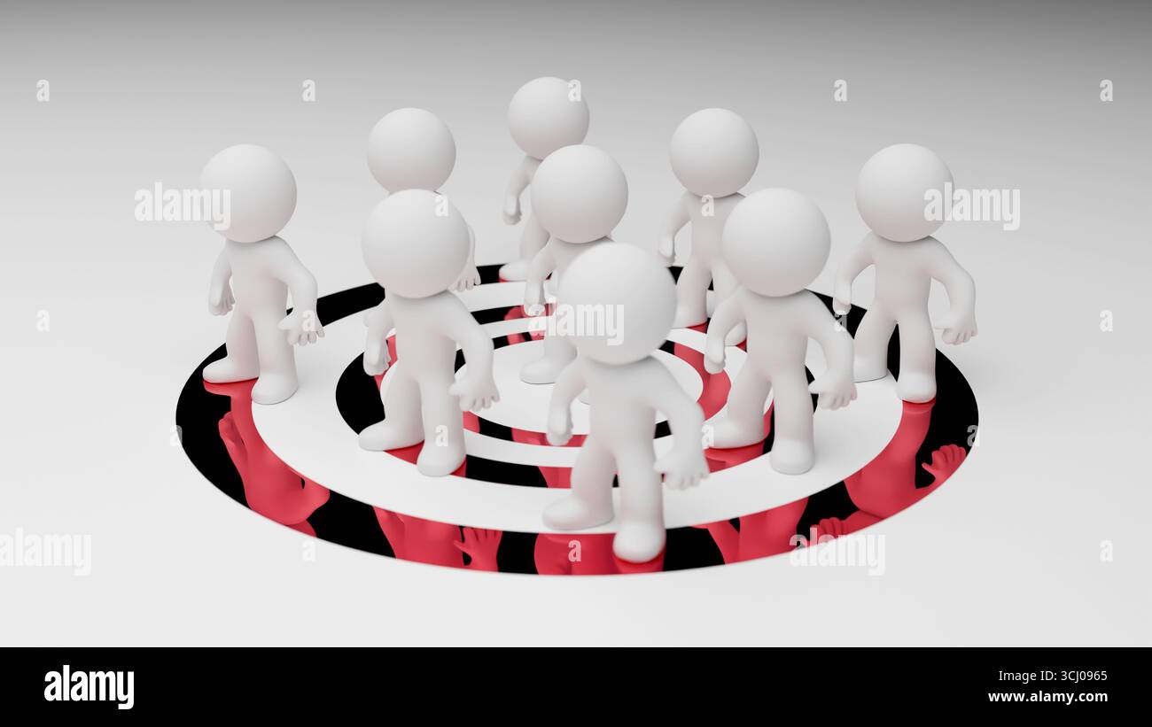 Eine 3D-Illustration mit einer großen Gruppe humanoider Charaktere, die sich auf roten konzentrischen Kreisen versammelt haben und kollektive Ziele, Einheit und Organisation symbolisieren Stockfoto