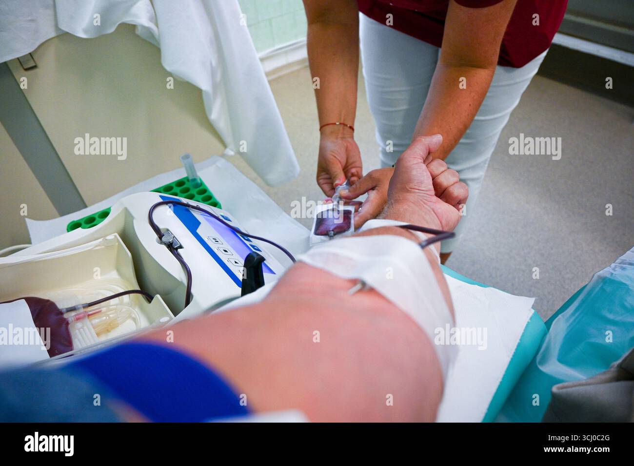 Medizinisches Fachpersonal, das den Patienten während des Blutspendeprozesses unterstützt, um die richtige Behandlung und den Patientenkomfort zu gewährleisten. Stockfoto