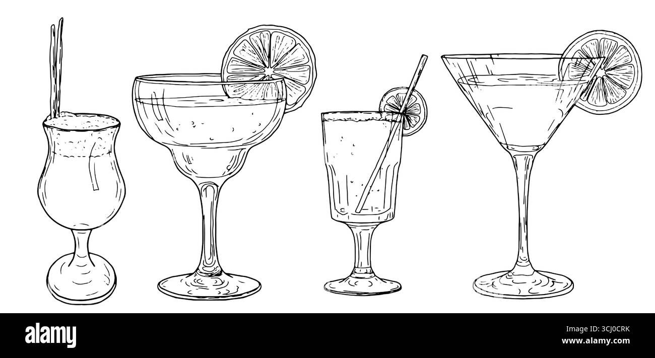 Cocktail-, Martini- oder Likörgläser mit Zitronen- oder Limettenscheiben, Skizze. Vektorabbildung. Ein Geschirr für eine Bar oder einen Nachtclub, isoliert auf einem W Stock Vektor