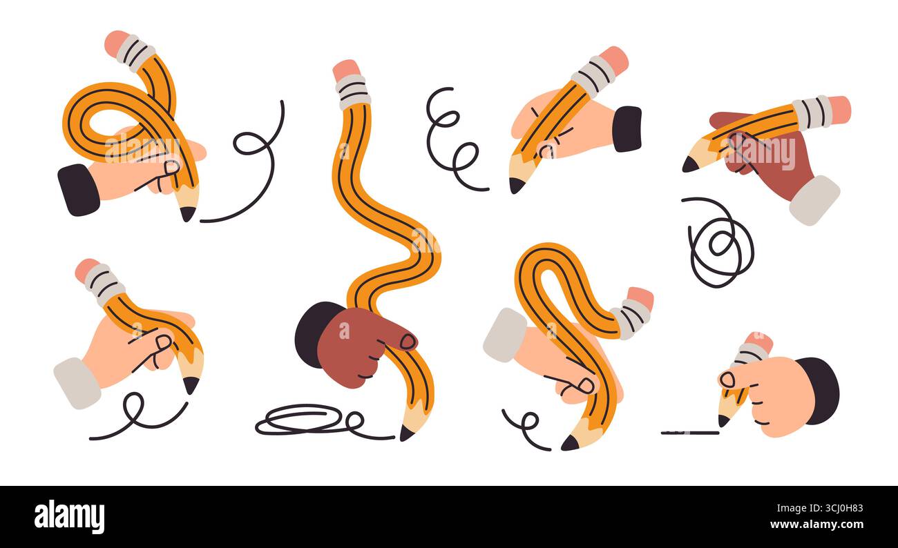 Die Hände halten gedrehte Graphitstifte mit Radiergummi. Flexible, lange Formen, Skizzen, Zeichnungen, kreative Prozesse, Handschrift, geschwungene Accessoires, Schule Stock Vektor
