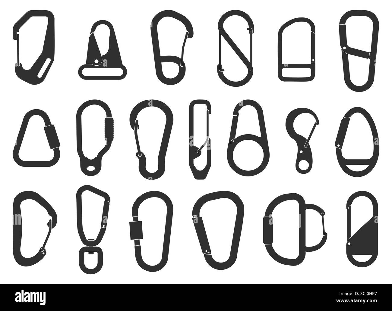 Karabiner-Silhouetten. Kletterausrüstung schwarze Ikonen, Bergsteiger aus Metall, Verschlüsse, Sicherheitswerkzeuge, Extremsport und Tourismus, Bergsteigen und Stock Vektor
