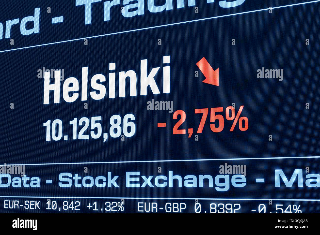 Helsinki Aktienindex sinkt. Helsinki Aktienindex sinkt. Sinkende finnische Aktienkurse, Marktrückgang, Investitionen, Geschäfte, Crash, Verlust, Krise, Börsendaten. 3D-Illustration Stock_market169s_Market_Data_helsinki_Down Stockfoto