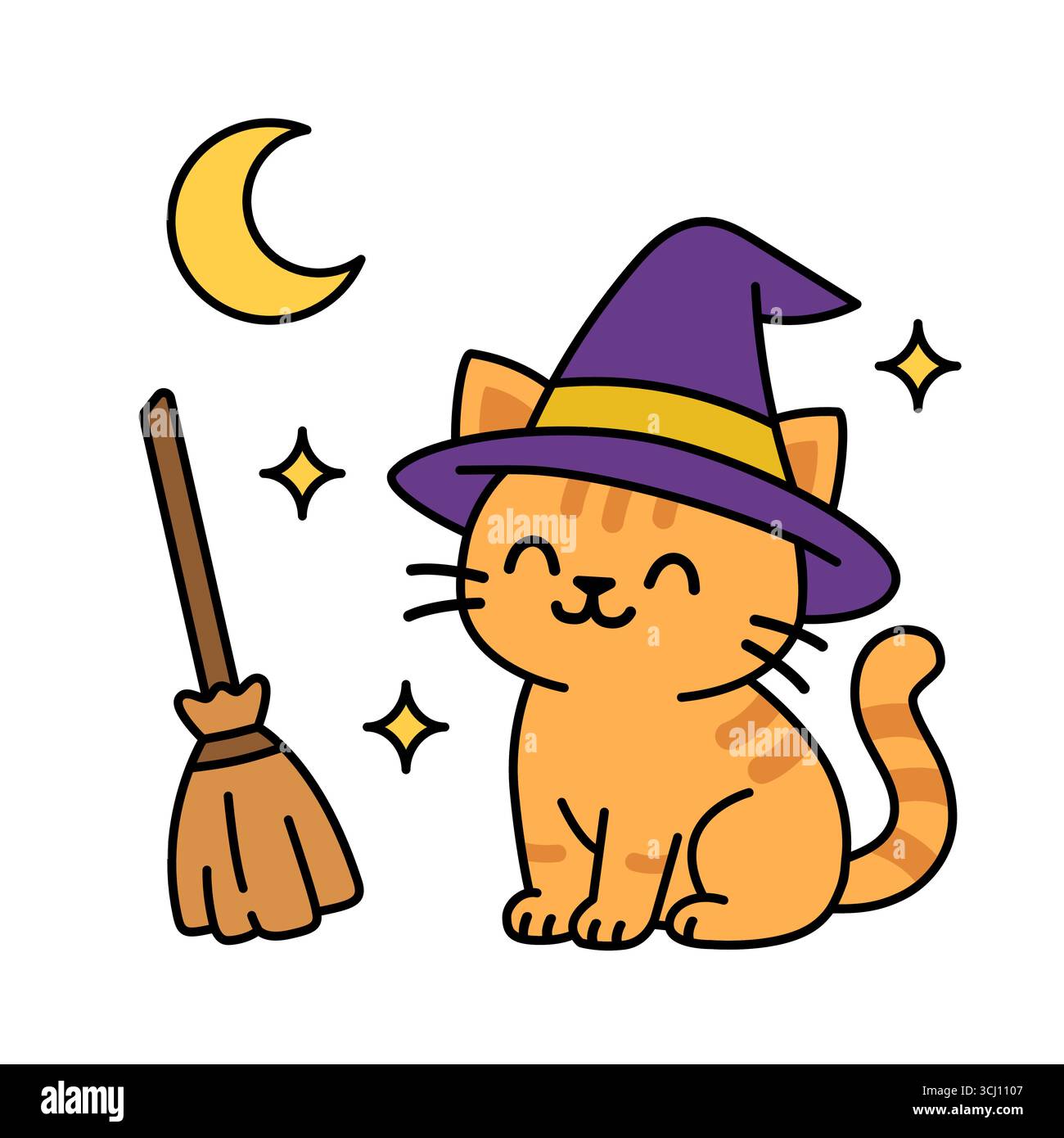 Bezaubernde orangene Karikaturkatze mit lila Hexenhut, die mit Besen, Mond und Sternen sitzt. Lustige Halloween-Illustration, perfekt für saisonale Stock Vektor