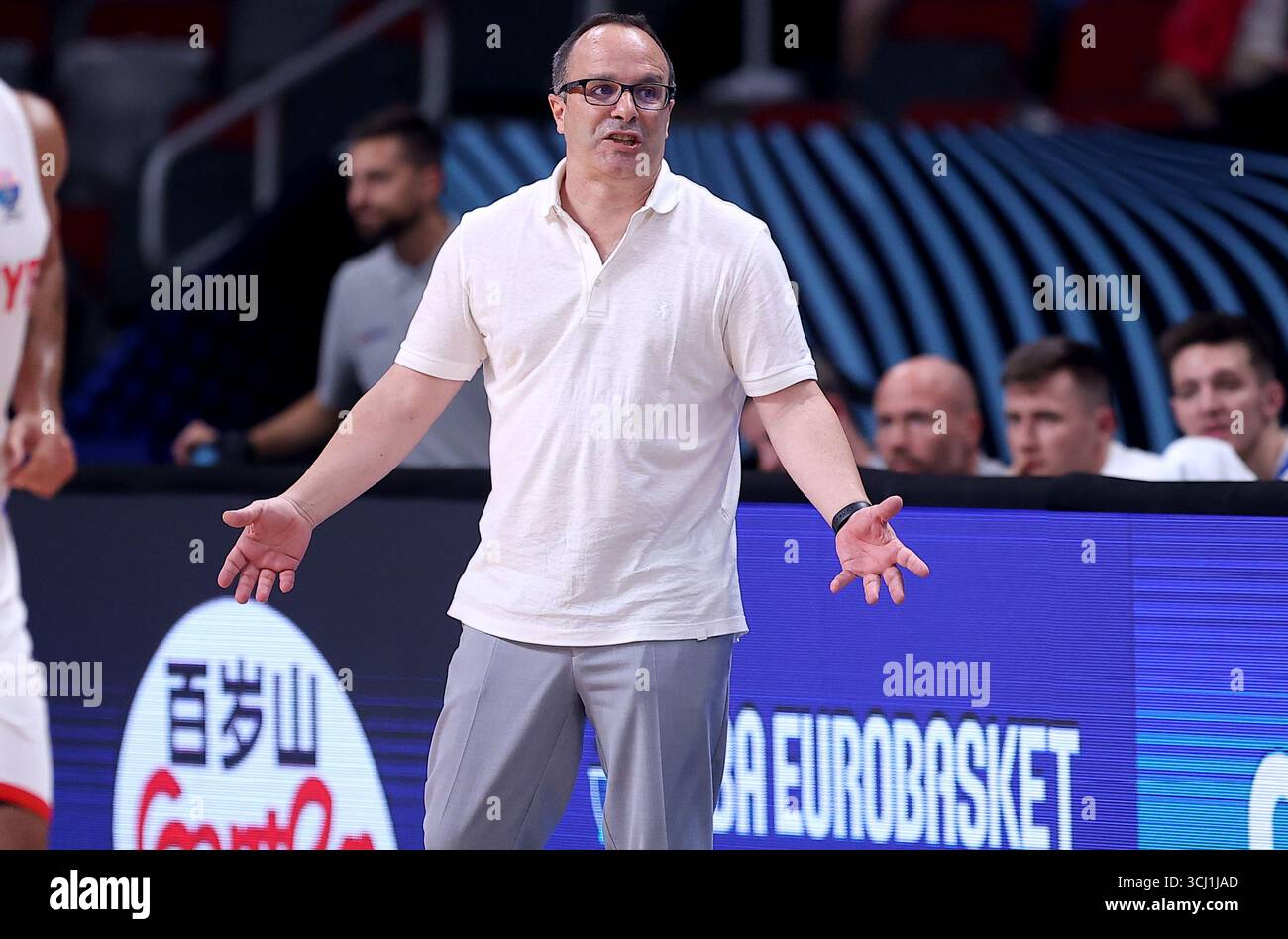 Der tschechische Cheftrainer Diego Ocampo während des FIBA EuroBasket 2025 Gruppenspiels am 29. August 2025, Einem Basketballspiel zwischen der Türkei und der Tschechischen Republik. In Stockfoto