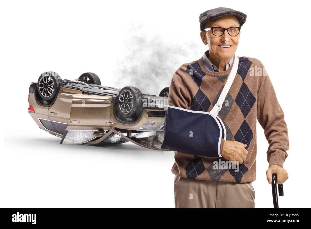 Ein älterer Mann erholt sich nach einem Autounfall, isoliert auf weißem Hintergrund Stockfoto