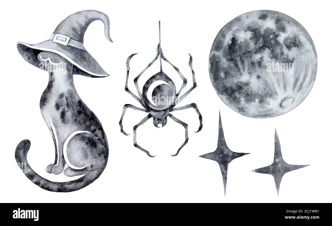 Set von isolierten Illustrationen halloween Katze in einer Hexenhut Spinne auf einem Netz Sterne und eine Vollmond strukturierte schwarze Aquarell Nacht Komposition Horror Stockfoto