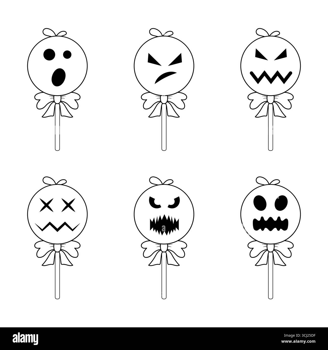 Halloween Lutscher Gesichter. Schwarz-weiße Illustration mit sechs Halloween-Lutschs mit verschiedenen gruseligen Gesichtern. Stock Vektor