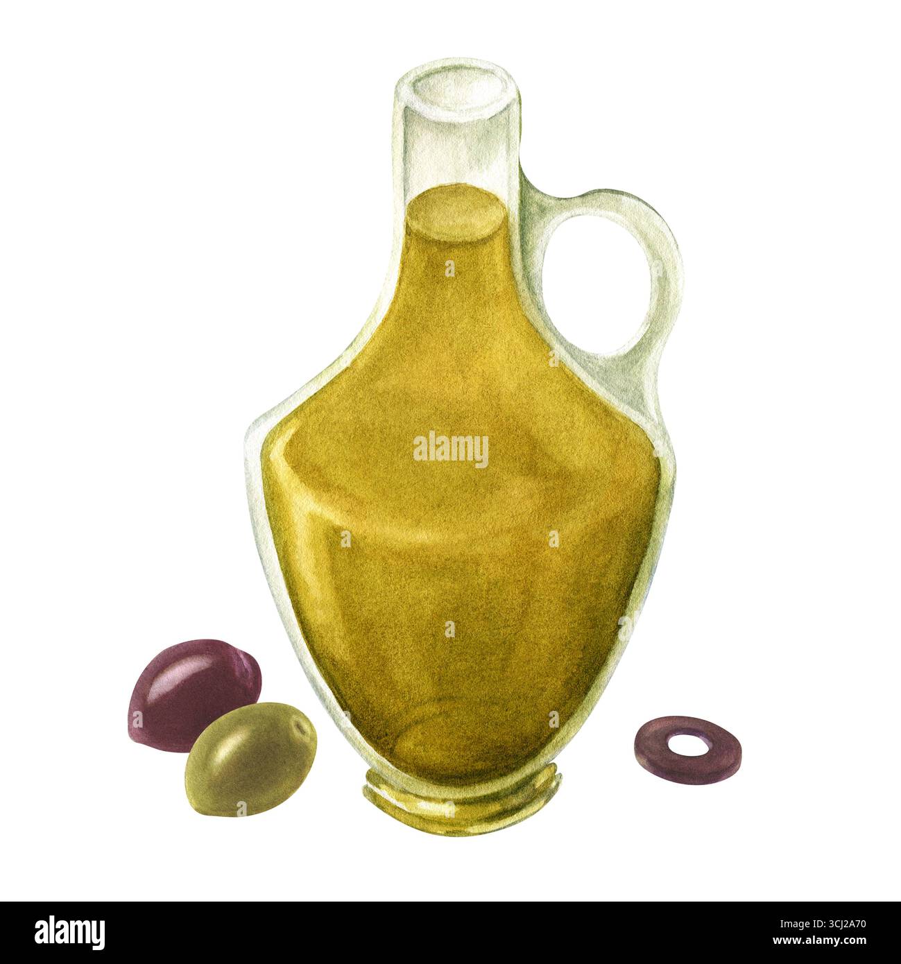 Olivenöl in einer Glasflasche. Handgezeichnete Aquarellillustration der Karaffe. Isoliertes Element. Stockfoto