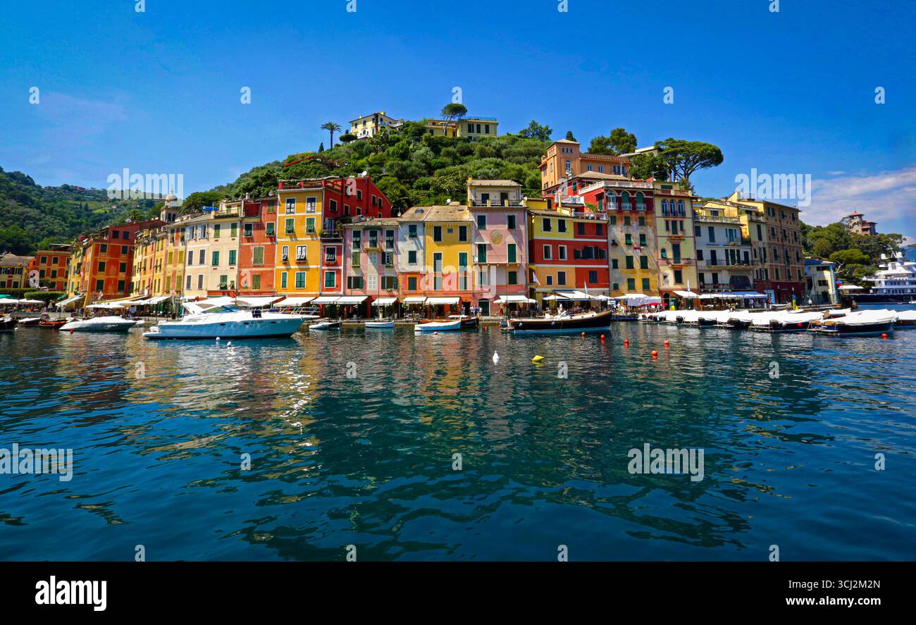 Ein lebhafter, flacher Blick auf den farbenfrohen Hafen in Portofino, Italien. Die hell bemalten Gebäude säumen die Uferpromenade und spiegeln sich in tiefem Blau Stockfoto