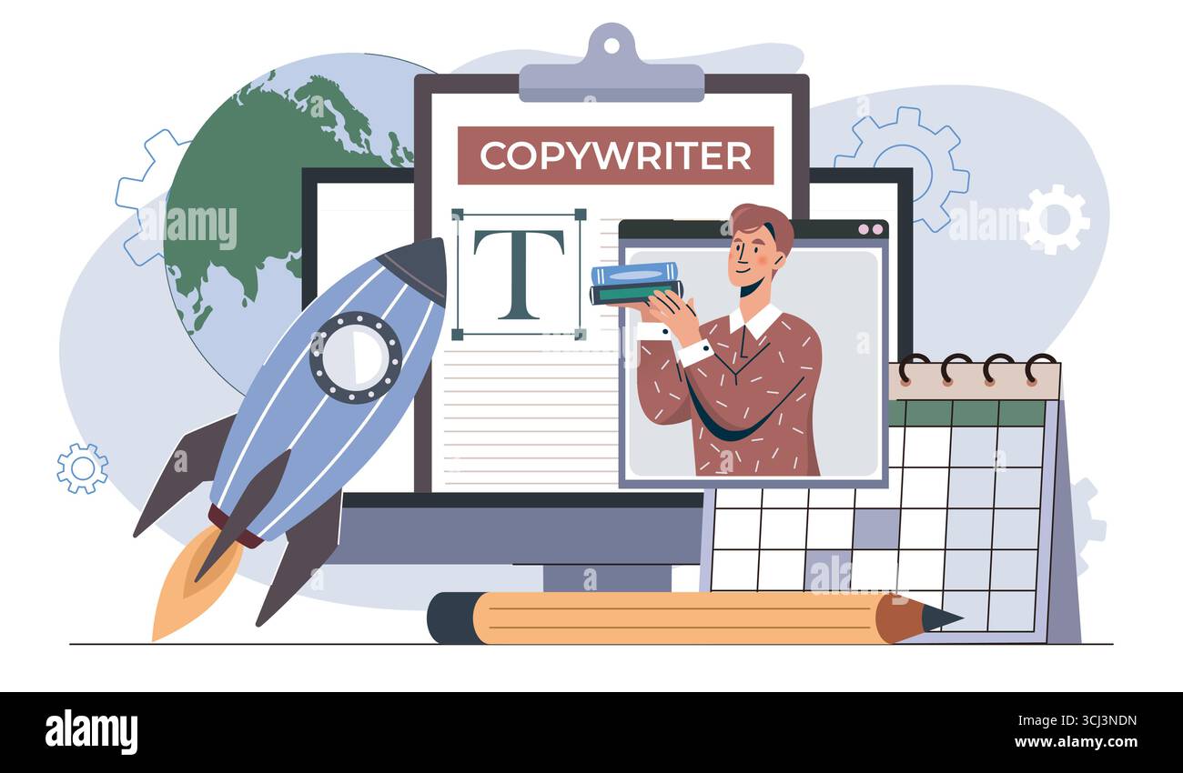 Man Copywriter. Junger Kerl in der Nähe des Monitors mit artikel. Talentierter Autor und Content Creator schreibt Texte für Webseiten. Freiberufler und Remote-Mitarbeiter Stock Vektor