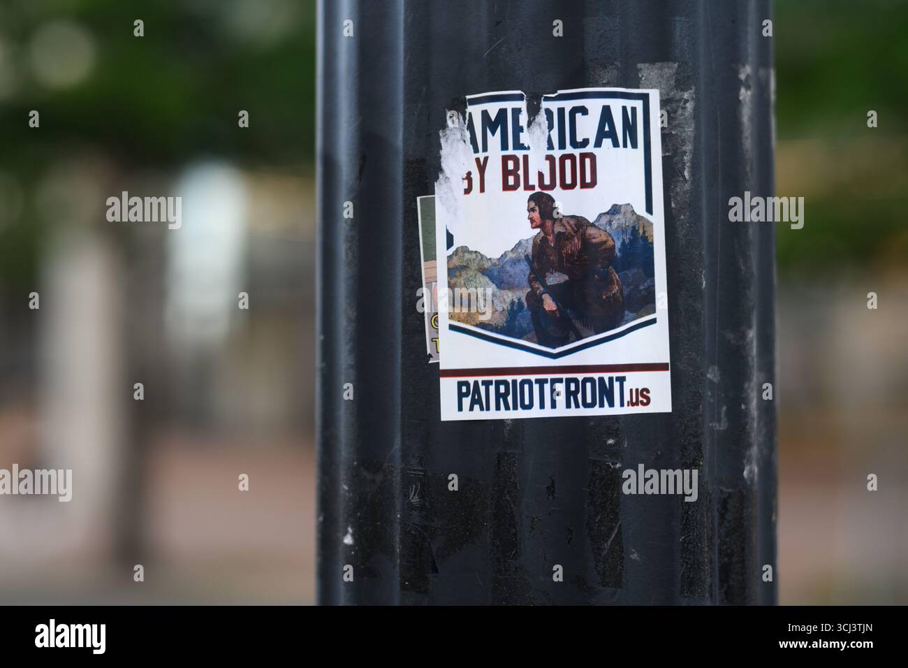 Ein Aufkleber von der weißen nationalistischen Gruppe Patriot Front in Washington DC, nur wenige Häuserblocks vom Weißen Haus entfernt. Stockfoto