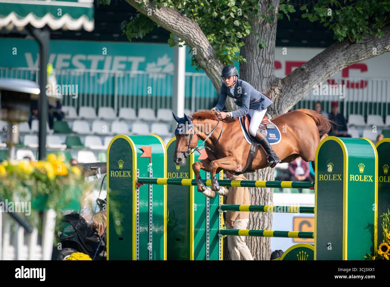 Calgary, Alberta, Kanada, 4. September 2025. Joseph Stockdale (GB) Reiten eBanking - CSIO Spruce Meadows Masters, - CANA Cup - Credit: Peter Llewellyn/Alamy Live News Stockfoto