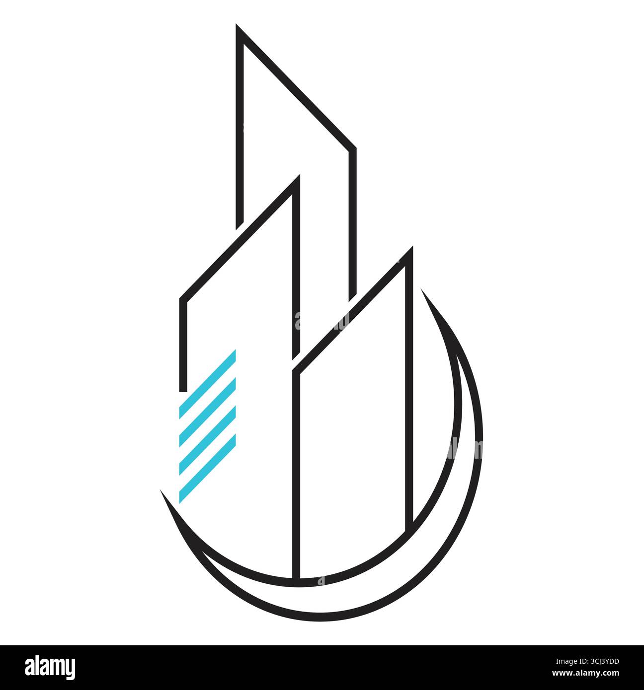 Dies ist ein minimalistisches und geometrisches Logo mit stilisierten Hochhäusern. Das Design besteht aus drei umrissenen Wolkenkratzern Stock Vektor