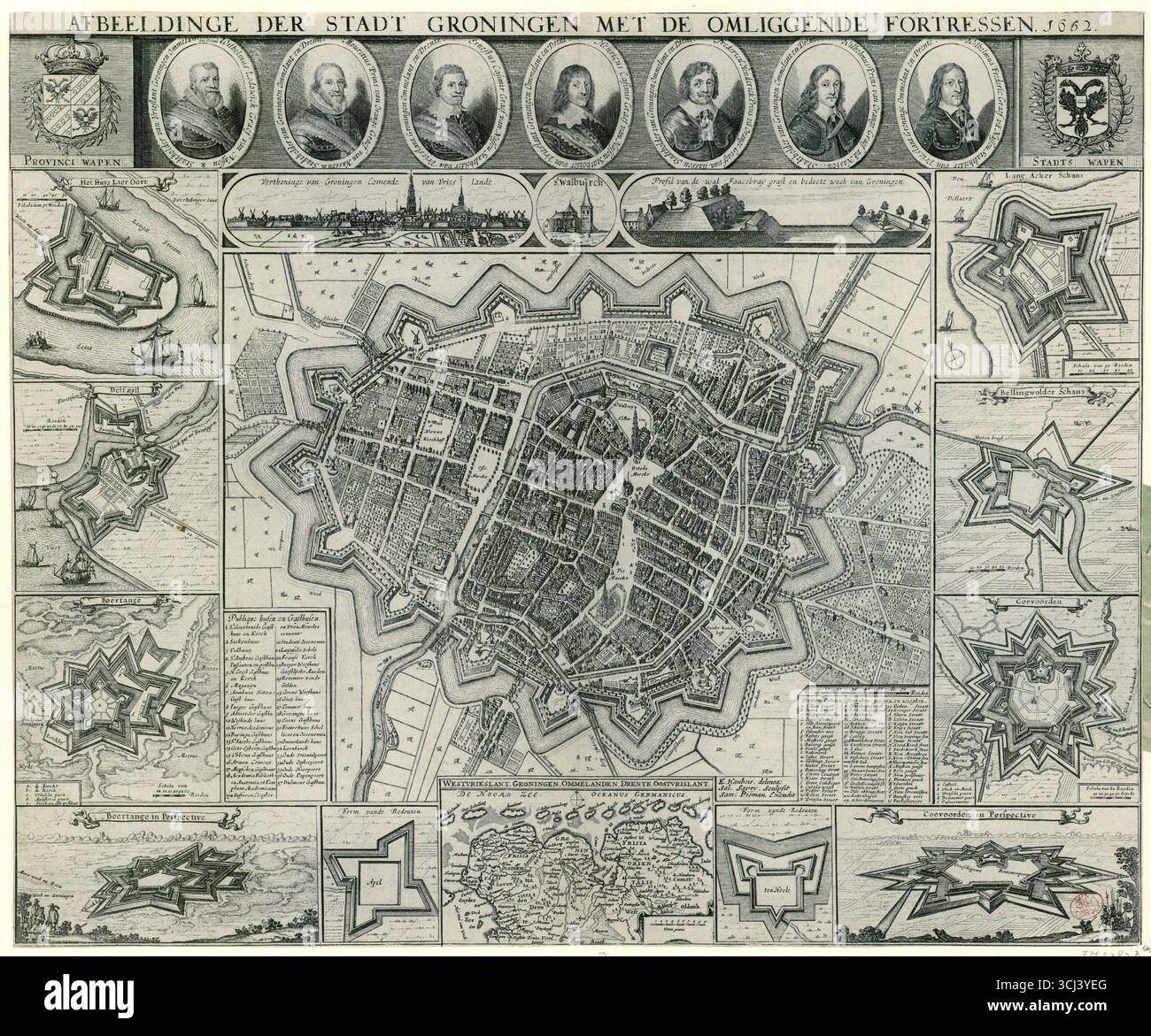 Karte von Groningen und umliegenden Festungen. Afbeeldinge der Stadt Groningen traf de omliggende Fortressen, 1652. Stich von Salomon Savery. Der Plan zeigt die befestigte Stadt Groningen mit detaillierten Bastionen, Gräben und umliegenden Verteidigungsanlagen, zusammen mit Ansichten der nahegelegenen Festungen und Porträts von Provinzführern an der Spitze. Stockfoto