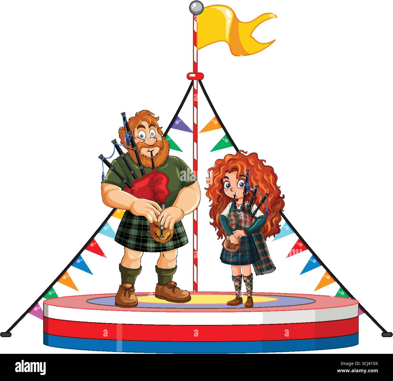 Zwei schottische Dudelsackspieler in Kilts treten auf einer festlichen Bühne mit Fahnen und Banner auf. Stock Vektor