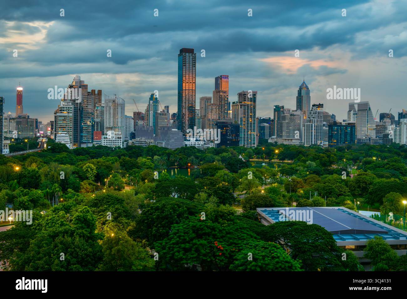 Skyline von Bangkok mit Lumpini Park von oben, Thailand. Stockfoto