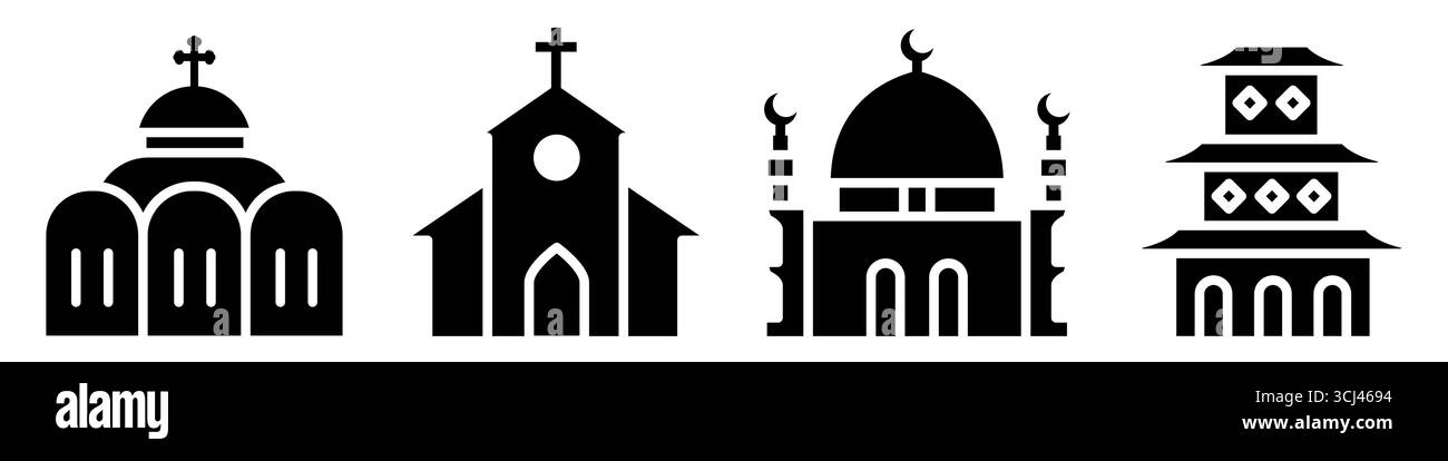 Orthodoxie, Katholizismus, Islam, Buddhismus. Schwarzes durchgehendes Symbol. Illustration des flachen Vektors isoliert auf weiß Stock Vektor