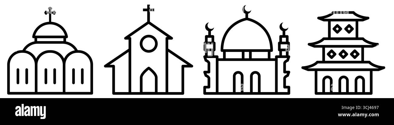 Orthodoxie, Katholizismus, Islam, Buddhismus. Linie Symbolgruppe. Illustration des flachen Vektors isoliert auf weiß Stock Vektor