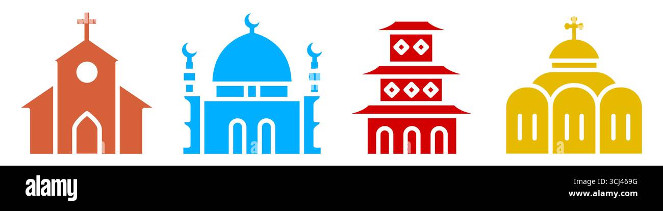 Orthodoxie, Katholizismus, Islam, Buddhismus. Mehrfarbige Symbole. Illustration des flachen Vektors isoliert auf weiß Stock Vektor