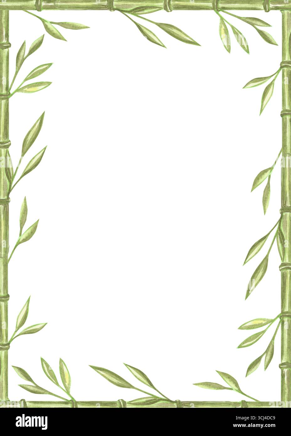 Bambusstiele mit Blättern Aquarell-Postkartenvorlage. Rahmen mit Kopierraum mit Blumenzweigen. Handgezeichneter isolierter Illustrationsrahmen von Stockfoto