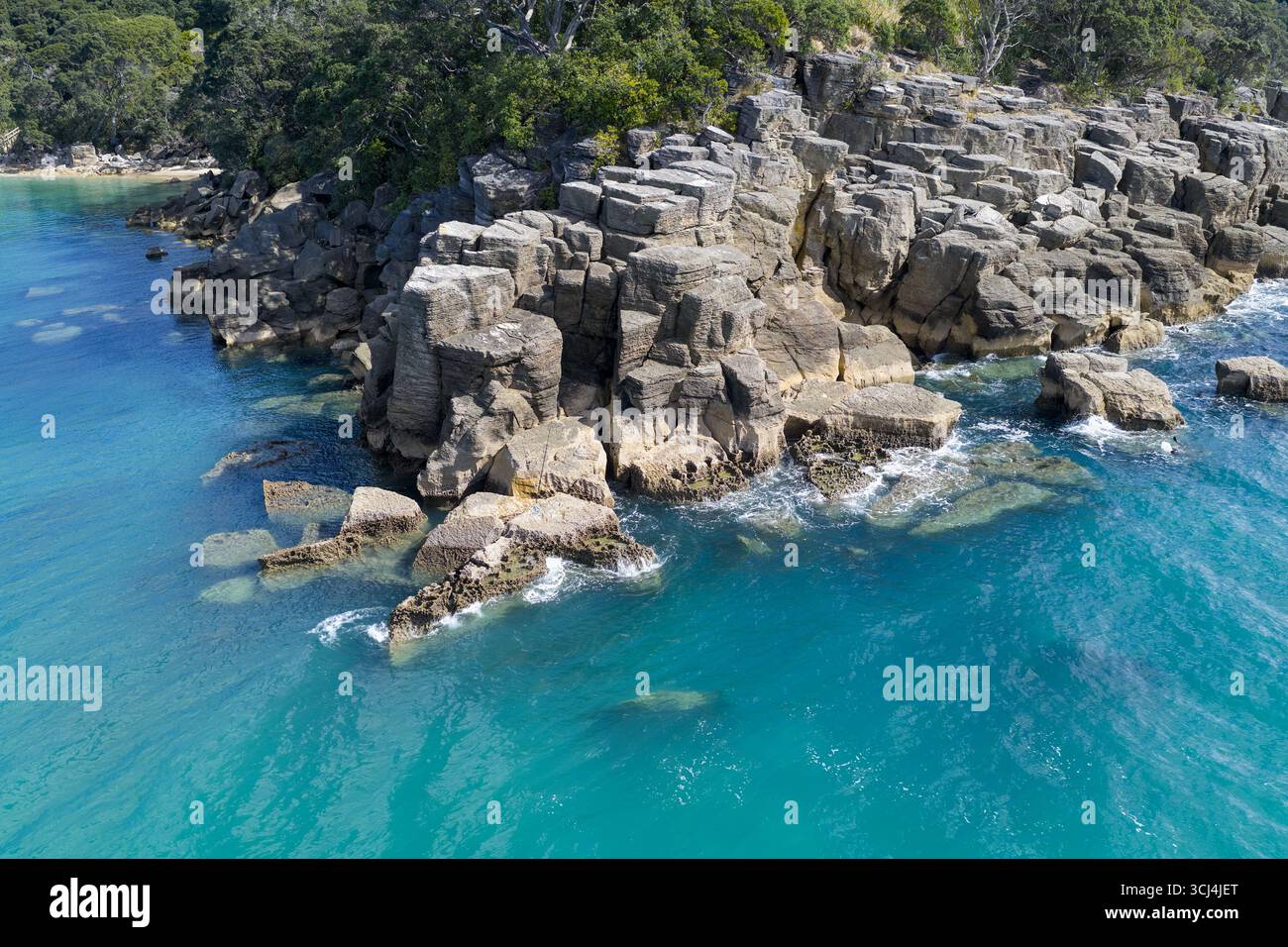 Die raue, felsige Küste trifft auf das türkisfarbene Wasser, im Kontrast zum üppigen Grün darüber, Langs Beach, Northland Region, Neuseeland. Stockfoto