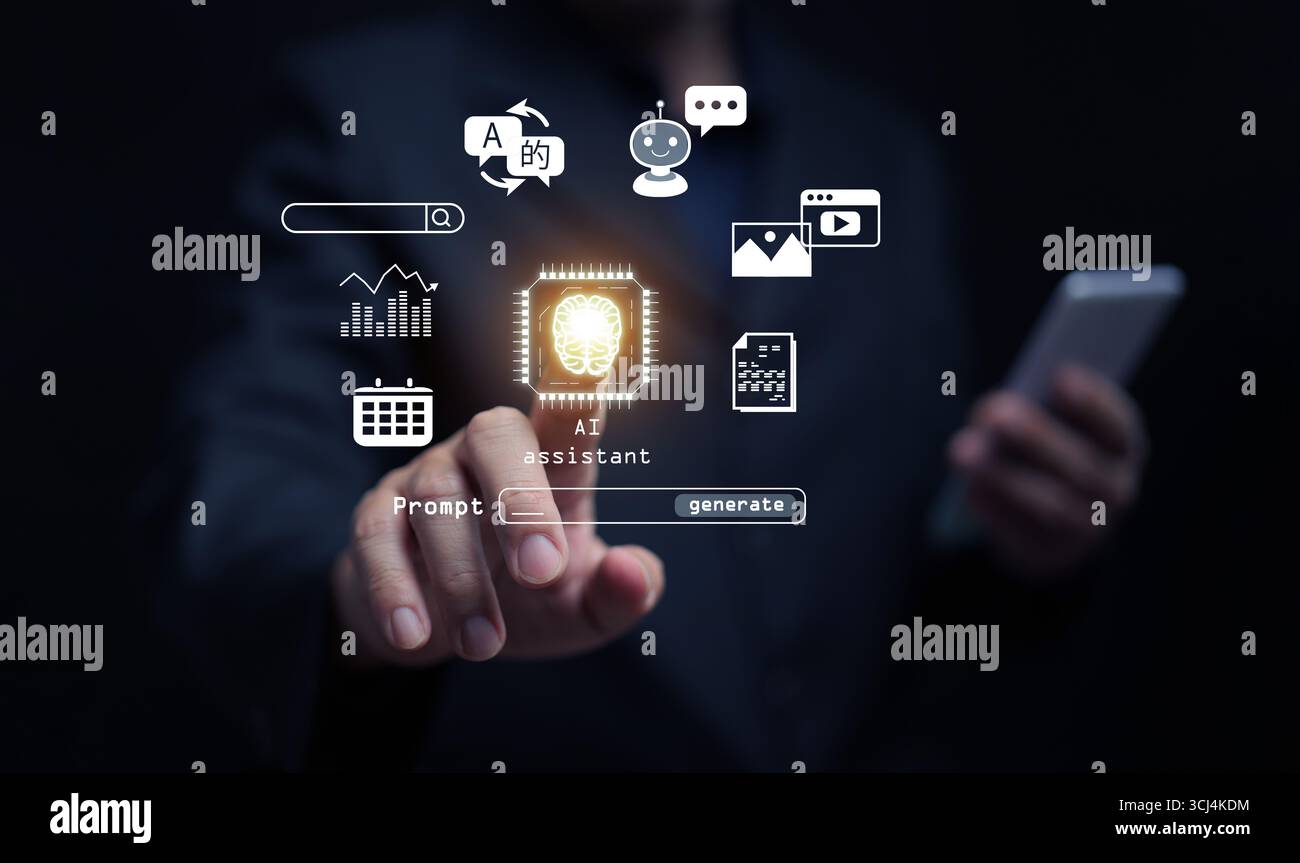 KI-Assistent-Agent-Schnittstelle mit menschlicher Interaktion, die intelligente Technologie, Automatisierung und personalisierte KI-Lösungen repräsentiert, die für eine kontinuierliche Verbesserung entwickelt wurden Stockfoto