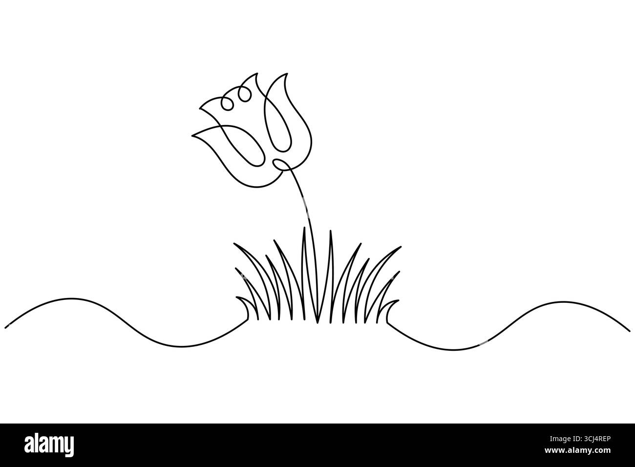 Gras und Blumen abstrakte einzeilige Zeichnung isolierte Vektorillustration Stock Vektor