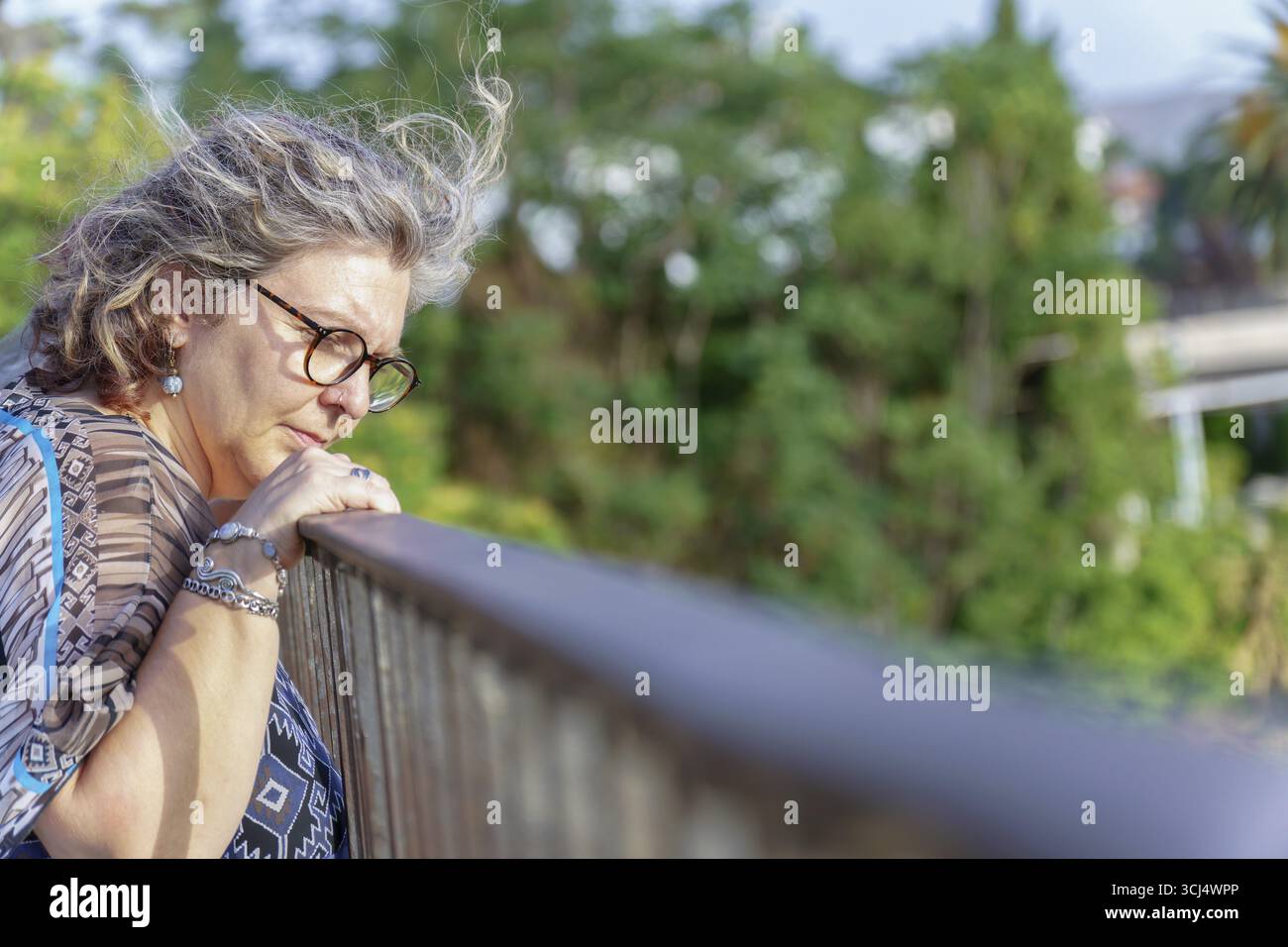 Grauhaarige Seniorin mit Brille, lehnt sich auf ein Geländer, verloren in einer ruhigen natürlichen Kulisse Stockfoto
