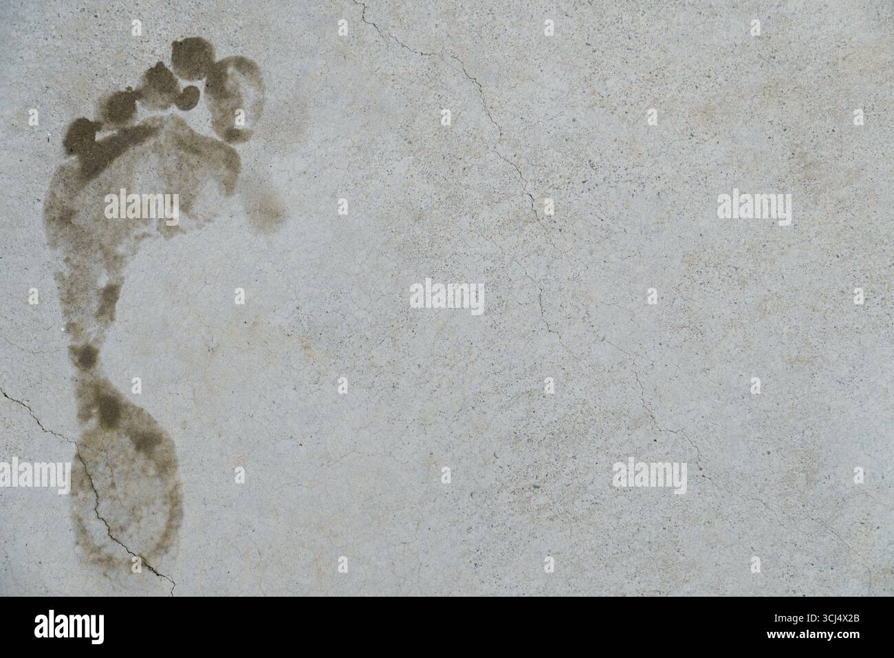 Schlammige Grundfläche, die eine graue Betonoberfläche mit Rissen markiert und Anzeichen, Spuren oder Passagen symbolisiert Stockfoto