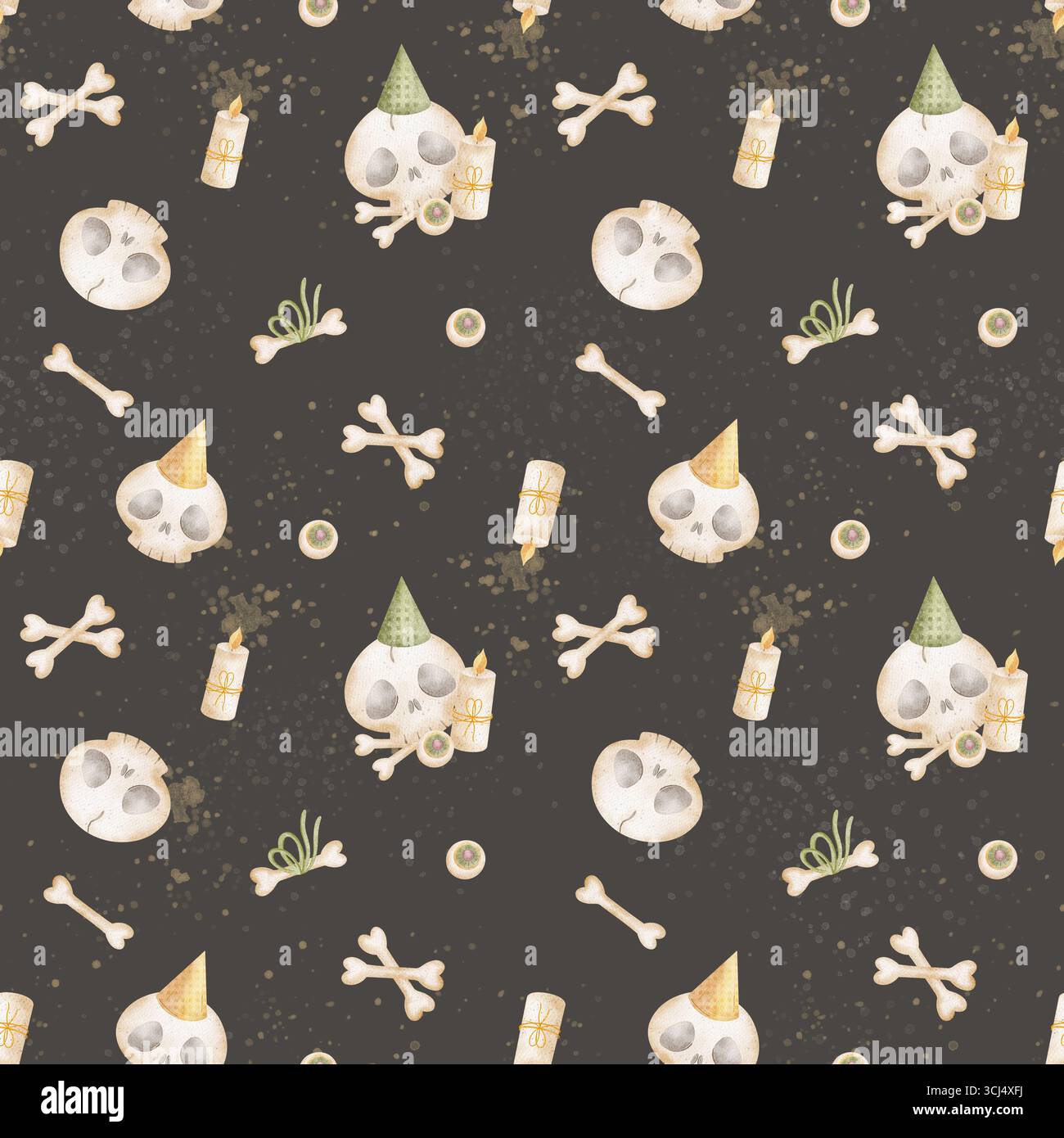 Muster Aquarell Halloween Schädel, Knochen, Kerzen fliegen. Illustration handgezeichnet im kindlichen Stil. Nahtloser Druck auf dunklem Hintergrund für Kleidung Stockfoto