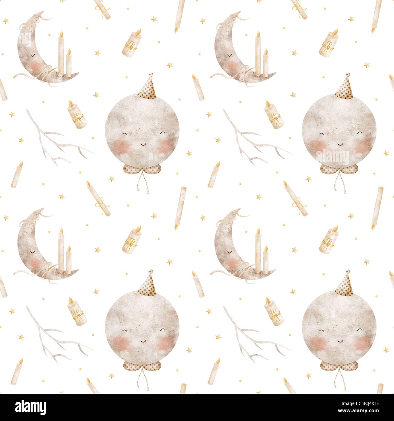 Mond mit nahtlosem Muster im Partyhut, Monat mit Kerzen. Aquarellillustration handgezeichnet im halloween-Stil der Kinder, isoliert vom Hintergrund für Stockfoto
