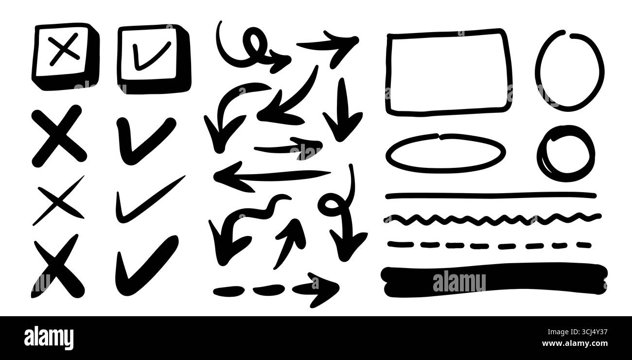 Kritzelvektorlinien und -Kurven. Handgezeichnete Scheck- und Pfeilzeichen. Set aus einfachen Kritzellinien, Kurven, Rahmen und Punkten. Sammlung von Bleistifteffekten. Stock Vektor