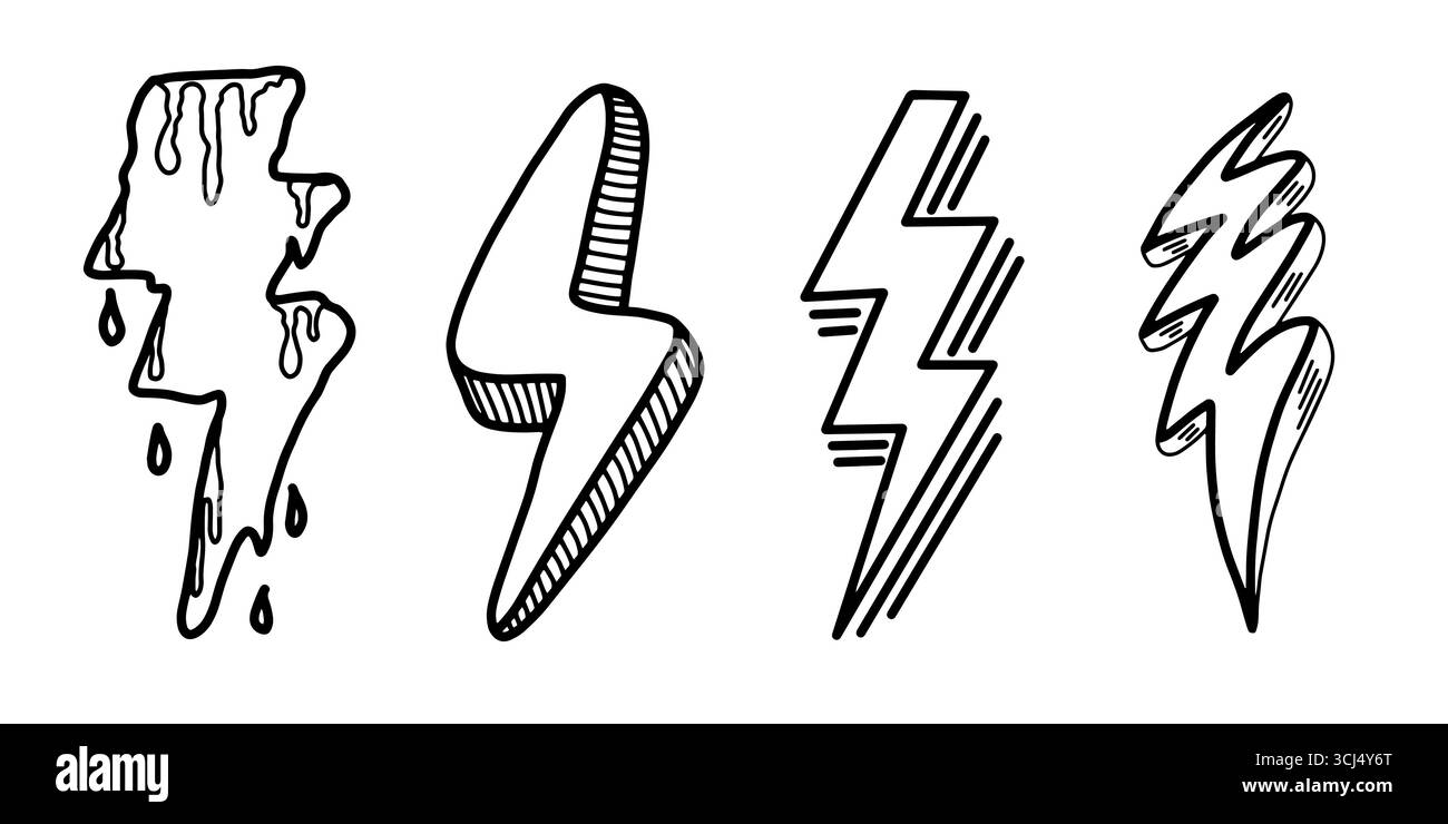 Satz von handgezeichneten Vektorkritzeleien elektrische Blitzsymbol-Skizzen-Illustrationen. donner Symbol Kritzelsymbol. Stock Vektor
