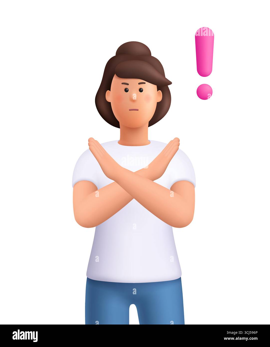 Ernsthafte Frau Jane, die mit überkreuzten Armen mit rosa Ausrufezeichen steht. Nein- oder Stoppschild. Ablehnung, Ablehnung, Verbot, Warnungen, Gefahrenkonzept. 3 Stock Vektor