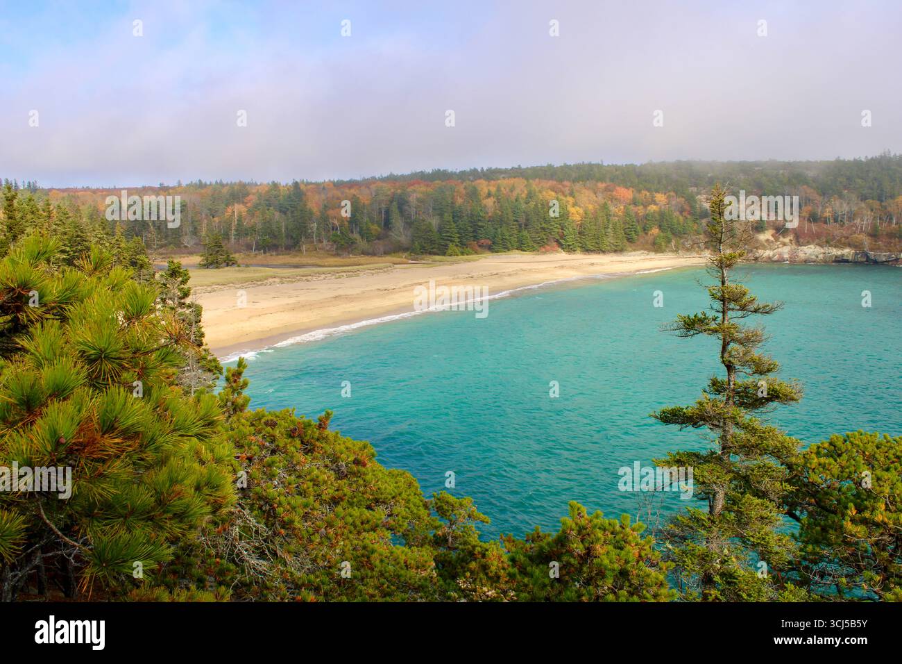 Leerer Strand in Maine, umgeben von einem Wald voller Herbstfarben Stockfoto