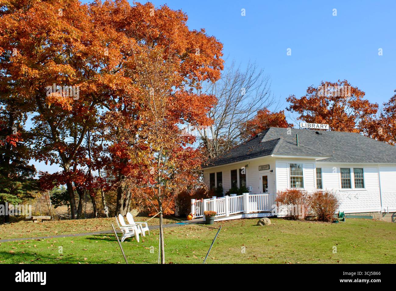 Charmante Bibliothek in Maine umgeben von lebhaften Herbstbäumen Stockfoto