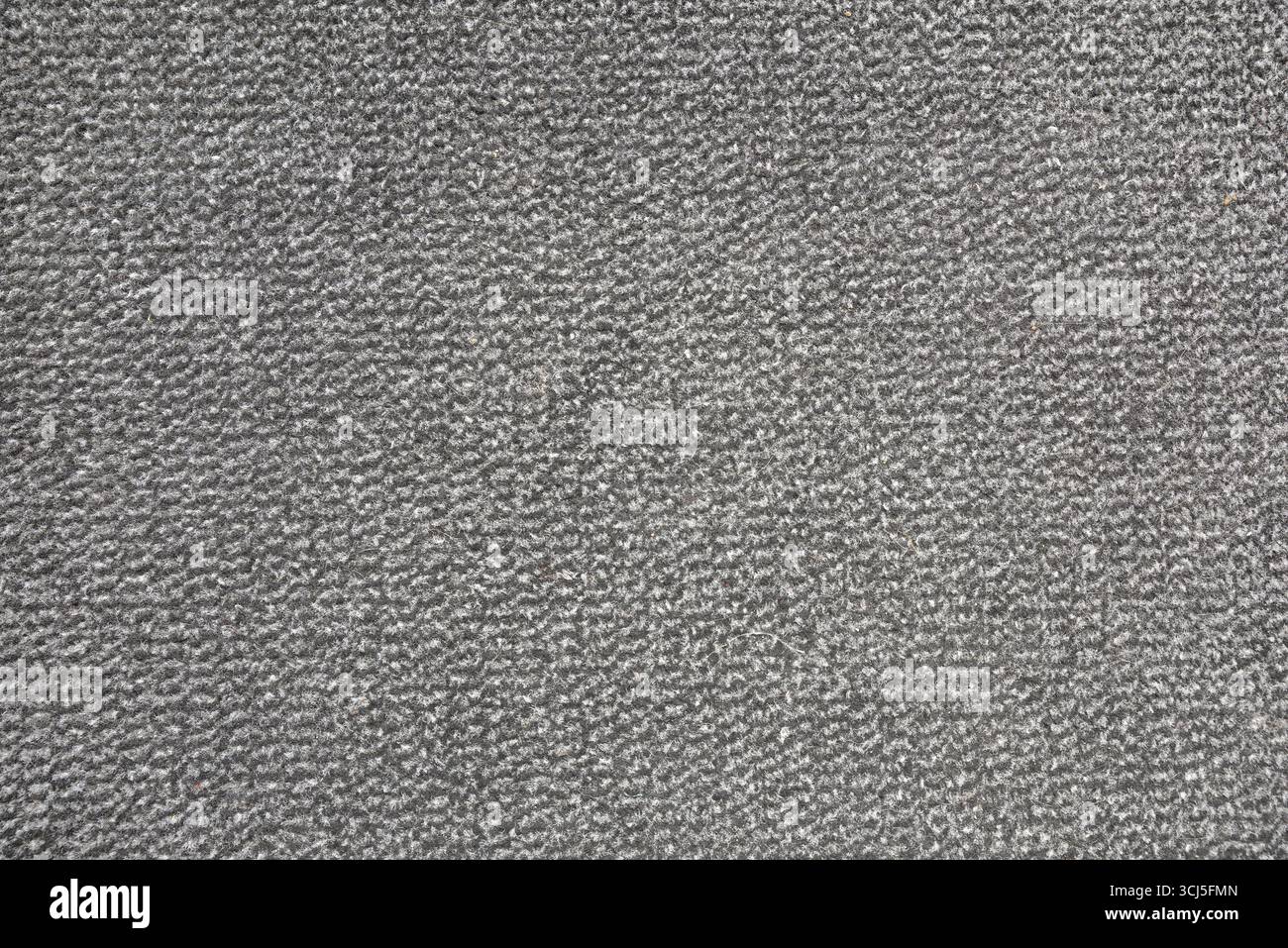 Strukturierter Hintergrund aus grauem Teppich, gesprenkelt mit kurzen schwarzen und weißen Baumwollsträngen. Draufsicht. Stockfoto