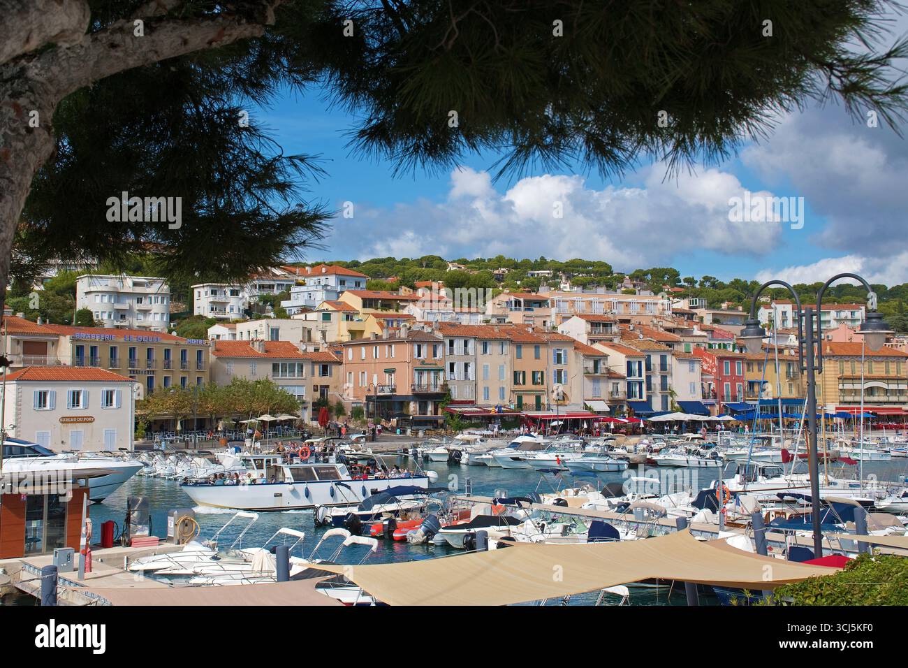 Cassis, Frankreich, Hafenbecken mit Booten und bunten Häusern Stockfoto