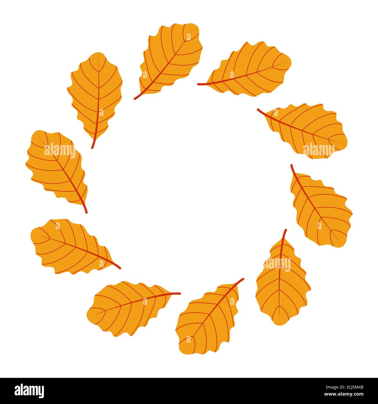 Ein kreisförmiges Layout zeigt zehn leuchtend orange Blätter mit unterschiedlichen Adern, die kunstvoll auf einem schlichten weißen Hintergrund angeordnet sind und die Herbstkulisse hervorheben Stock Vektor