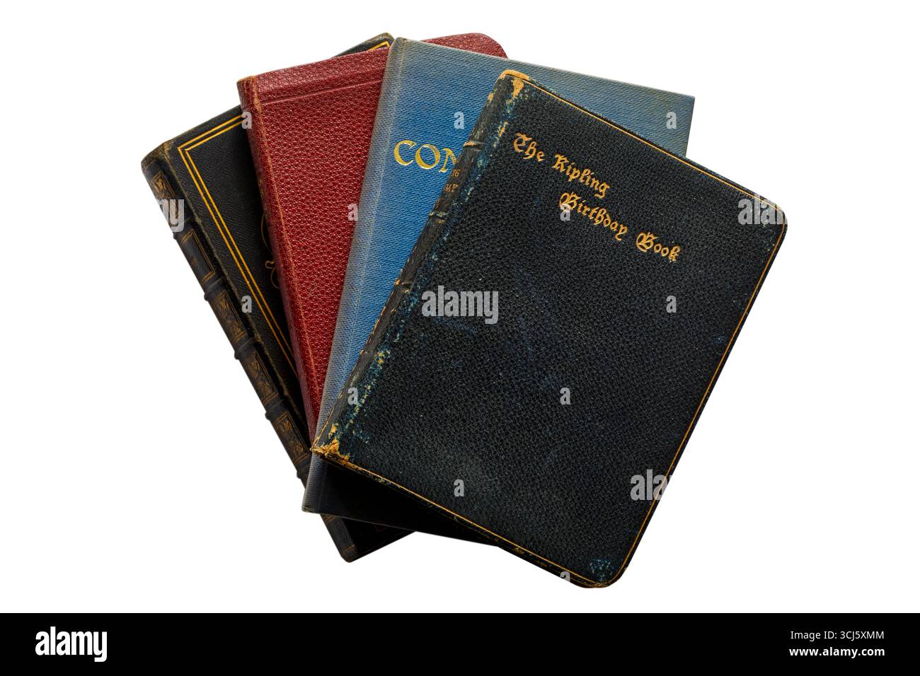 Auswahl religiöser Hardcover-Bücher mit dem Ripling Birthday Book oben isoliert auf weißem Hintergrund Stockfoto