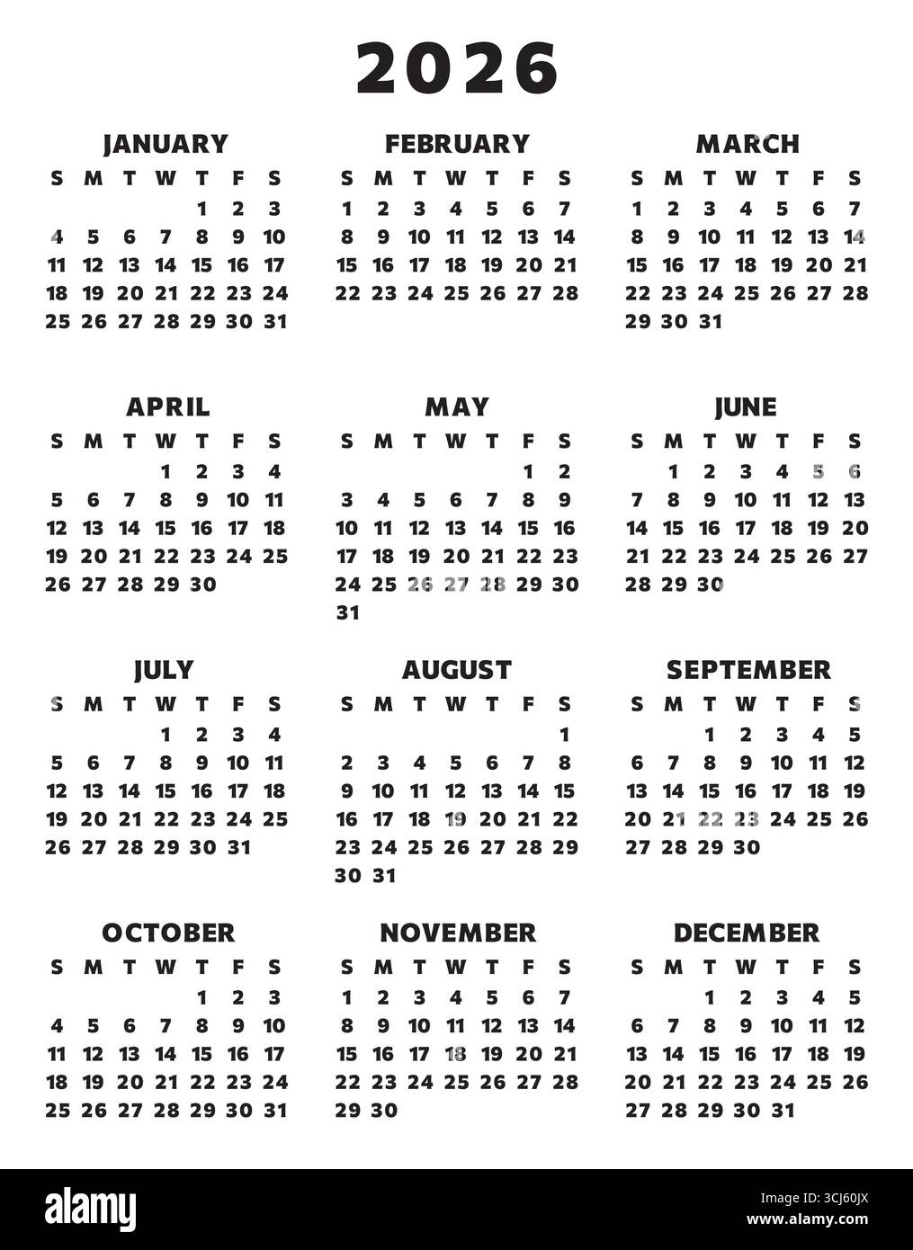 Kalender 2026 in schwarzer Farbe. Englische Vektorillustration (Woche beginnt sonntag) Stock Vektor