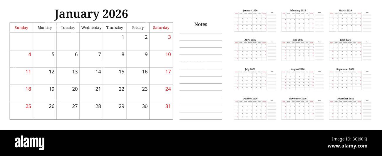 Kalender 2026 mit Notizen. Eine Vektorsammlung englischer Monatsseite von 12 Monaten. Design mit Sonntagsstart Stock Vektor