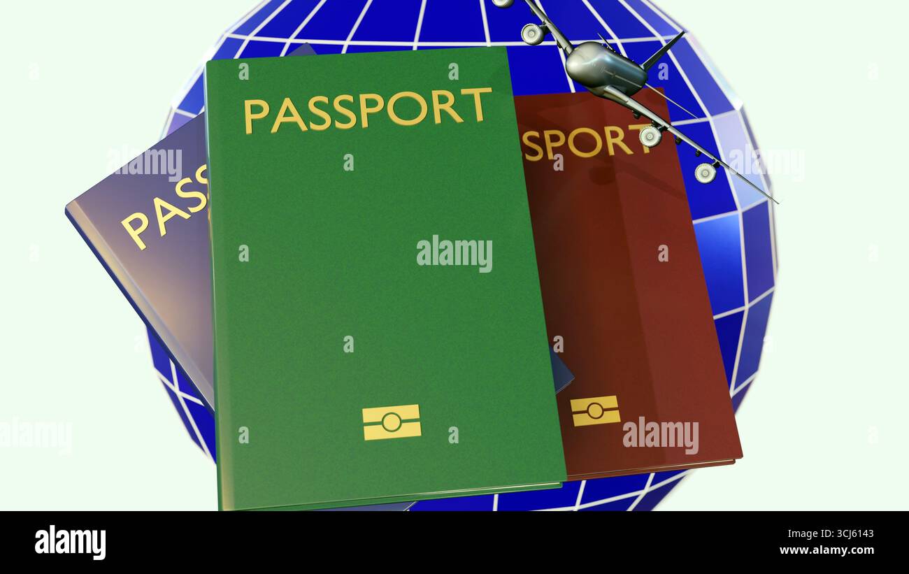 3D-Rendering von kleinen Passagierflugzeugen und verschiedenfarbigen Pässen, die einfache Objekte verwenden, um das Thema des internationalen Reisens zu vermitteln. Stockfoto
